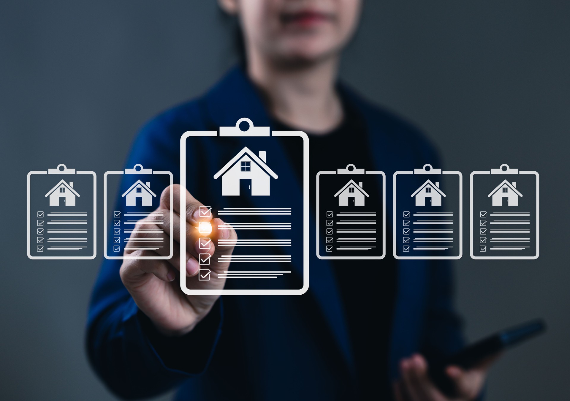 Real Estate Checklist and Property Evaluation Concept. Businesswoman interacting with clipboard icons showing house symbols and checklist items, representing real estate assessment and mortgage loan.
