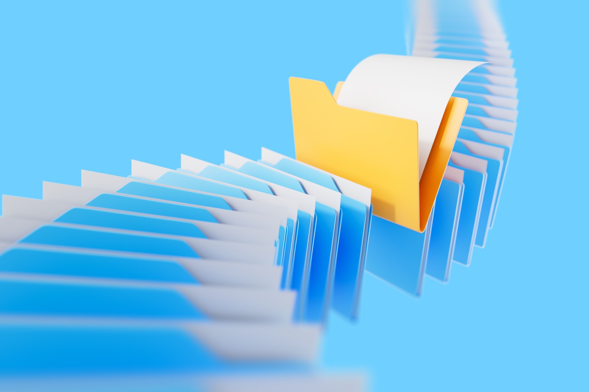 Digital archive concept with colorful folders flying in sequence on vibrant blue background, symbolizing data organization and document management flow. 3D Rendering